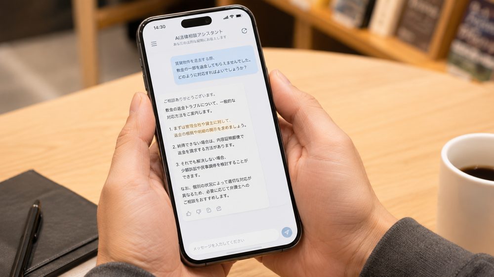 スマートフォンでAIに相談先の事務所を質問している様子